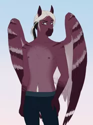 Size: 2440x3300 | Tagged: anthro, anthro oc, artist:askbubblelee, clothes, derpibooru import, digital art, gradient background, male, oc, oc:tobias pierce, partial nudity, pegasus, pegasus oc, smiling, solo, solo male, stallion, suggestive, topless, unofficial characters only, wings