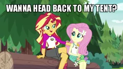 Size: 640x360 | Tagged: safe, derpibooru import, edit, edited screencap, screencap, fluttershy, sunset shimmer, equestria girls, legend of everfree, camp everfree, camp everfree outfits, caption, clothes, image macro, implied lesbian, implied sunshyne, log, seductive look, shorts, text