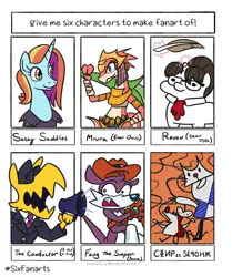 Size: 1005x1200 | Tagged: safe, artist:jargon scott, derpibooru import, raven, sassy saddles, pony, unicorn, six fanarts, a hat in time, fang the sniper, female, mare, miura (ever oasis), sonic the hedgehog (series), squatpony, the conductor, the simpsons, worker and parasite