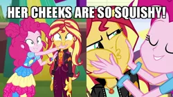Size: 640x360 | Tagged: safe, derpibooru import, edit, edited screencap, screencap, pinkie pie, sunset shimmer, equestria girls, equestria girls series, mirror magic, sunset's backstage pass!, spoiler:eqg series (season 2), spoiler:eqg specials, caption, cropped, cute, geode of empathy, geode of sugar bombs, image macro, magical geodes, shimmerbetes, squishy cheeks, text, zoomed