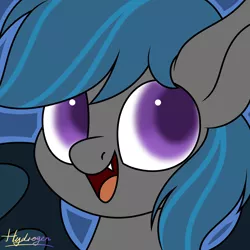 Size: 3000x3000 | Tagged: safe, artist:氢氢, derpibooru import, oc, oc:nocturne star, bat pony, pony, adorable face, bat pony oc, bat wings, blue background, blue mane, bust, cute, fangs, grey fur, happy, laughing, male, portrait, purple eyes, simple background, stallion, wings