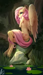 Size: 1920x3301 | Tagged: adorasexy, anthro, artist:hentwi, artistic nudity, ass, beautiful, breasts, butt, casual nudity, covering, covering breasts, cute, derpibooru import, dock, female, floppy ears, fluttershy, forest, grass, lilypad, looking at you, looking back, mare, nature, nudity, one eye closed, outdoors, pegasus, pond, sexy, shyabetes, sideboob, sitting, smiling, solo, solo female, spread wings, stray strand, suggestive, tree, unguligrade anthro, wing fluff, wings, wink