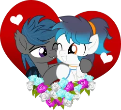 Size: 5000x4545 | Tagged: safe, artist:jhayarr23, derpibooru import, part of a set, oc, oc:jason, oc:nocturne star, unofficial characters only, bat pony, pegasus, bat pony oc, bat wings, big eyes, blue mane, commission, couple, flower, gay, half body, heart, holiday, hug, love, male, nuzzles, pegasus oc, pegasus wings, rose, simple background, stallion, transparent background, valentine's day, wings, ych result