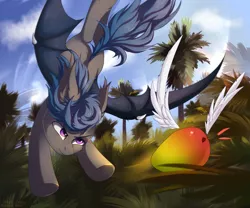 Size: 1700x1415 | Tagged: source needed, safe, artist:magic balance, derpibooru import, oc, oc:nocturne star, bat pony, bat pony oc, bat wings, blue mane, chase, flying, food, forest, forest background, grass, grass field, grey fur, mango, purple eyes, tree, tropical, wings