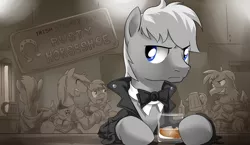 Size: 1400x813 | Tagged: source needed, safe, artist:doomy, derpibooru import, oc, oc:jonathan bleak, earth pony, gryphon, pony, unicorn, alcohol, bar, blue eyes, bowtie, clothes, coat, earth pony oc, gray coat, handsome, ice, male, mug, pub, s.t.a.l.k.e.r., scowl, stallion, wallpaper, white mane, wine