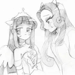 Size: 1540x1539 | Tagged: safe, artist:vilkadvanoli, derpibooru import, rarity, twilight sparkle, twilight sparkle (alicorn), alicorn, equestria girls, clothes, crown, dress, jewelry, monochrome, pencil drawing, ponied up, regalia, ribbon, sketch, traditional art, uniform