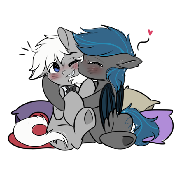 Size: 3084x3084 | Tagged: safe, artist:justkattyo, derpibooru import, oc, oc:jonathan bleak, oc:nocturne star, unofficial characters only, bat pony, earth pony, pony, adorable face, bat pony oc, bat wings, blue eyes, blue mane, blue tail, blushing, bow, bowtie, cuddling, cute, gay, gray coat, heart, hug, kiss on the cheek, kissing, male, pillow, simple background, stallion, transparent background, white mane, white tail, wings