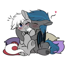 Size: 3084x3084 | Tagged: safe, artist:justkattyo, derpibooru import, oc, oc:jonathan bleak, oc:nocturne star, unofficial characters only, bat pony, earth pony, pony, adorable face, bat pony oc, bat wings, blue eyes, blue mane, blue tail, blushing, bow, bowtie, cuddling, cute, gay, gray coat, heart, hug, kiss on the cheek, kissing, male, pillow, simple background, stallion, transparent background, white mane, white tail, wings