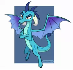 Size: 1691x1612 | Tagged: artist:aanotherpony, blue background, claws, crossed arms, derpibooru import, dragon, dragoness, female, flying, horns, looking at you, narrowed eyes, orange eyes, princess ember, raised eyebrow, safe, simple background, slit eyes, solo, spread wings, wings