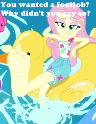 Size: 613x791 | Tagged: suggestive, derpibooru import, edit, edited screencap, screencap, fluttershy, human, equestria girls, equestria girls series, i'm on a yacht, spoiler:eqg series (season 2), cropped, dialogue, feet, female, fetish, flutterfeet, foot fetish, solo, solo female