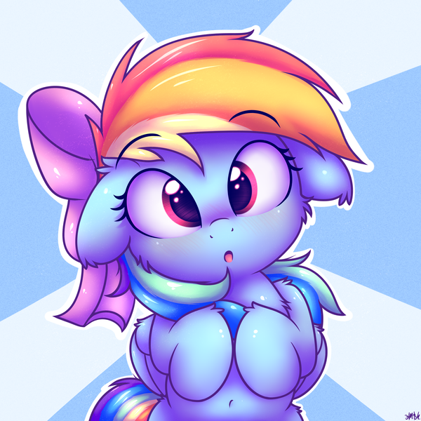 Size: 2500x2500 | Tagged: safe, artist:heavymetalbronyyeah, derpibooru import, rainbow dash, pegasus, pony, :o, belly button, bipedal, blushing, bow, bust, cheek fluff, cute, daaaaaaaaaaaw, dashabetes, ear fluff, female, floppy ears, hair bow, hnnng, looking at you, mare, open mouth, solo, sunburst background, weapons-grade cute, wings