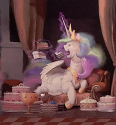 Size: 933x1005 | Tagged: safe, artist:cannibalus, derpibooru import, edit, editor:i-shooped-a-pwny, princess celestia, alicorn, pony, cake, cakelestia, caricature, chubbylestia, close enough, cropped, cup, cute, draw me like one of your french girls, eating, ethereal mane, ethereal tail, fat, female, food, funny, funny as hell, goblet, ice cream, levitation, lidded eyes, magic, nailed it, obese, open mouth, painting, prone, solo, tea, teacup, teapot, technical advanced, telekinesis, tongue out