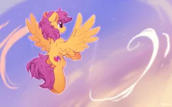 Size: 1600x1000 | Tagged: safe, artist:mirtash, derpibooru import, scootaloo, pegasus, pony, chest fluff, cloud, crying, cute, cutealoo, dusk, ear fluff, female, filly, flying, rear view, scootaloo can fly, sky, solo, spread wings, stars, tears of joy, teary eyes, wings