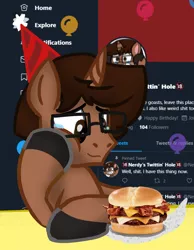 Size: 2352x3026 | Tagged: safe, artist:nerdymexicanunicorn, derpibooru import, oc, oc:nerdy, unofficial characters only, pony, unicorn, bacon, birthday, burger, cheeseburger, crying, food, glasses, hamburger, hat, male, meat, meta, party hat, solo, tears of joy, twitter, ultimate bacon cheeseburger