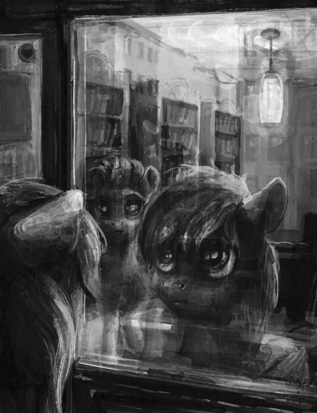 Size: 1380x1799 | Tagged: safe, artist:nemo2d, derpibooru import, rainbow dash, rarity, pegasus, pony, unicorn, fanfic:salvation, duo, fanfic art, grayscale, monochrome, reflection, window