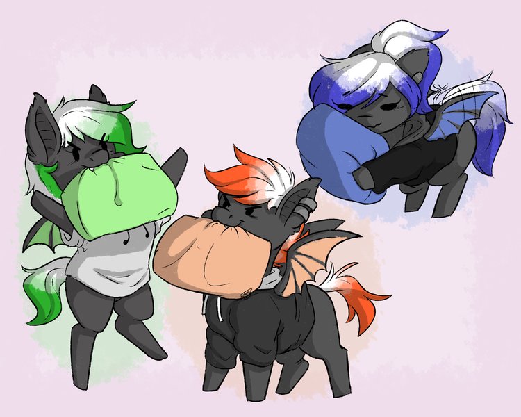 Size: 2500x2000 | Tagged: safe, artist:dreamy, artist:littledreamycat, derpibooru import, oc, oc:flame, oc:frost, oc:toxic, bat pony, pony, bat pony oc, bat wings, chibi, commission, doodle, mouth hold, pillow, pillow fight, siblings, wings