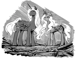 Size: 1380x1074 | Tagged: safe, artist:jowybean, derpibooru import, oc, oc:terra, oc:titan, unofficial characters only, alicorn, pony, fanfic:the immortal game, alicorn oc, debris, duo, fanfic art, frown, glare, grayscale, horn, monochrome, wings