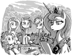 Size: 1380x1074 | Tagged: safe, artist:jowybean, derpibooru import, applejack, fluttershy, pinkie pie, princess luna, rarity, alicorn, earth pony, pegasus, pony, unicorn, fanfic:the immortal game, fanfic art, female, figurine, forest, gaming miniature, grayscale, mare, miniature, monochrome, monopoly, s1 luna, sitting