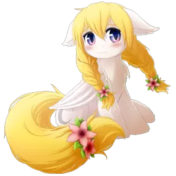 Size: 535x535 | Tagged: safe, artist:symbianl, derpibooru import, oc, oc:lai chi, unofficial characters only, bat pony, pony, braid, floppy ears, flower, flower in hair, simple background, sitting, solo, transparent background, twin braids