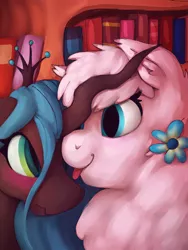 Size: 3000x4000 | Tagged: safe, artist:incendiaryboobs, derpibooru import, queen chrysalis, oc, oc:fluffle puff, changeling, pony, :p, blushing, canon x oc, chrysipuff, female, lesbian, shipping, tongue out