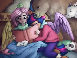 Size: 4000x3000 | Tagged: angel bunny, artist:incendiaryboobs, bear, bird, blanket, book, derpibooru import, female, ferret, fluttershy, harry, human, humanized, lesbian, safe, shipping, twilight sparkle, twishy, winged humanization, wings