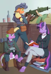 Size: 4661x6683 | Tagged: safe, artist:ivan-the-pony, artist:tass_the_bovine, derpibooru import, applejack, spike, twilight sparkle, anthro, earth pony, unicorn, armor, backpack, book, camera, gun, image, jpeg, machine gun, maxim gun, minimalist, modern art, smoking, soldier, stocking feet, trench, war, weapon, world war i, writing