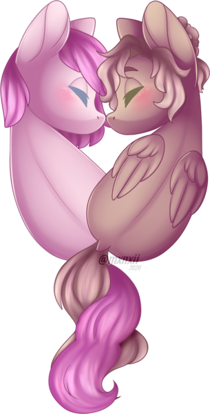 Size: 894x1761 | Tagged: safe, artist:mxnxii, derpibooru import, oc, oc:kayla, oc:mary jane, unofficial characters only, earth pony, pegasus, pony, blushing, cute, duo, female, heart, kayry, kissing, lesbian, mare, nose kiss, oc x oc, shipping, simple background, transparent background