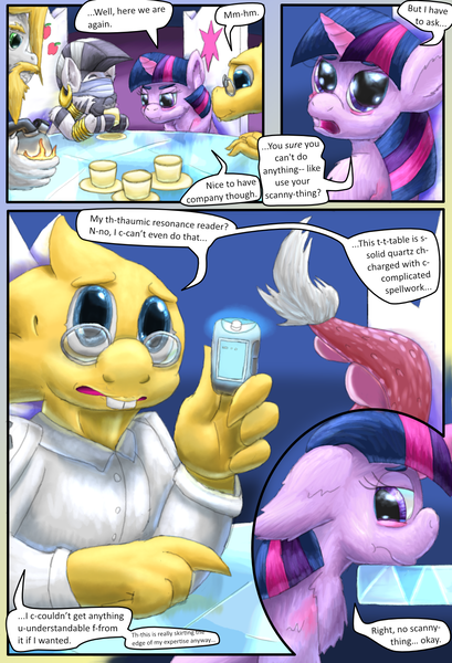 Size: 1080x1584 | Tagged: safe, artist:firefanatic, derpibooru import, discord, twilight sparkle, twilight sparkle (alicorn), alicorn, pony, comic:friendship management, alphys, asgore dreemurr, bags under eyes, comic, crossover, device, dialogue, food, glasses, magic, pouting, smiling, tea, tea kettle, undertale, what is hoo-man