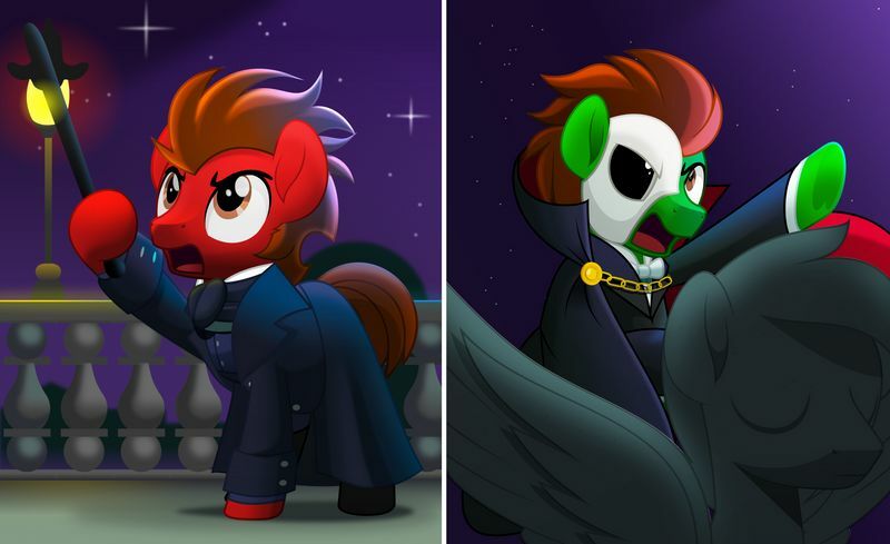 Size: 800x489 | Tagged: safe, artist:jhayarr23, derpibooru import, oc, oc:green screen, oc:slide fortissimo, pegasus, pony, brothers, commission, javert, lamppost, les miserables, male, night, phantom of the opera, siblings, stallion, statue, twins