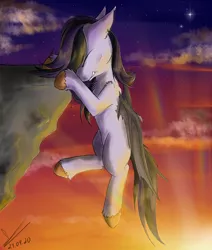 Size: 1070x1259 | Tagged: safe, artist:yuris, derpibooru import, oc, oc:soft, unofficial characters only, bat pony, pegasus, bat pony oc, bat wings, cliff, solo, sunset, wings