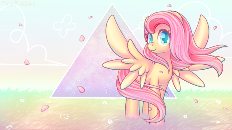 Size: 1920x1080 | Tagged: safe, artist:musicfirewind, derpibooru import, fluttershy, pegasus, pony, cute, female, flower, grass, head turn, looking at you, mare, petals, serenity, shyabetes, smiling, solo, spread wings, standing, wallpaper, windswept mane, wings