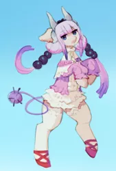 Size: 534x792 | Tagged: safe, artist:orchidpony, derpibooru import, ponified, pony, bipedal, blue background, clothes, crossover, dress, ear fluff, female, horns, kanna kamui, miss kobayashi's dragon maid, pigtails, simple background, socks, solo, stockings, thigh highs, twintails