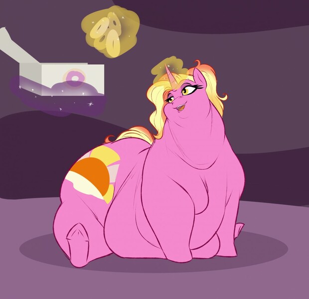 Size: 1280x1239 | Tagged: questionable, artist:astr0zone, derpibooru import, luster dawn, pony, unicorn, belly, big belly, blob, box, butt, donut, fat, female, food, huge belly, huge butt, larder dawn, large belly, large butt, magic, mare, morbidly obese, multiple chins, obese, sitting, solo, wide hips