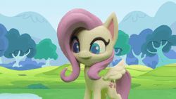 Size: 800x450 | Tagged: safe, derpibooru import, screencap, fluttershy, pegasus, pony, my little pony: pony life, my little pony: stop motion short, rainy day puddle play, animated, blinking, flying away, gif, open mouth, pre sneeze, puddle, sneezing, solo, stop motion, wings