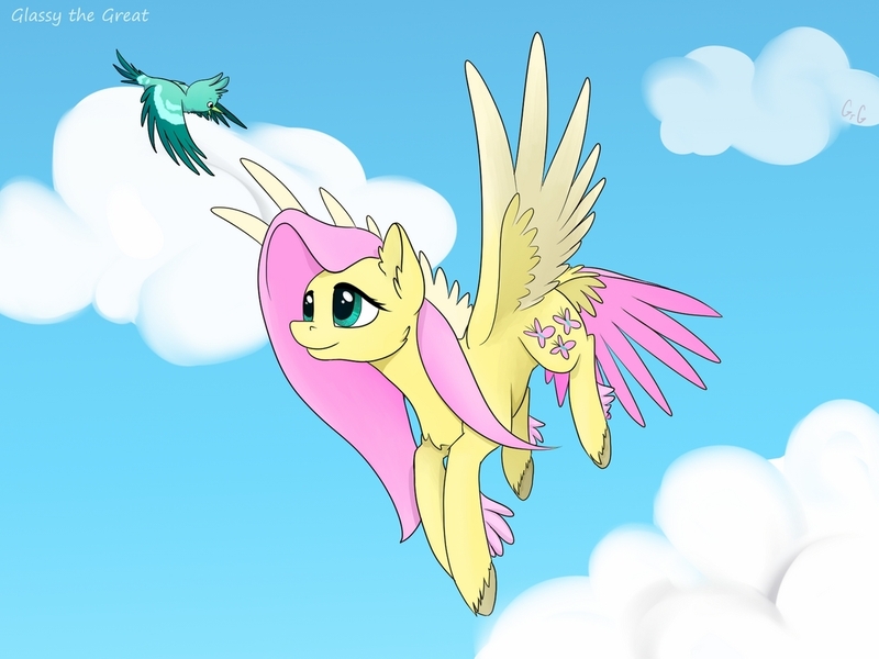 Size: 1280x960 | Tagged: safe, artist:glassygreatart, derpibooru import, fluttershy, bird, pegasus, pony, chest fluff, cloud, colored hooves, female, flying, looking up, mare, outdoors, sky, smiling, solo, spread wings, tail feathers, three quarter view, two toned wings, unshorn fetlocks, wings