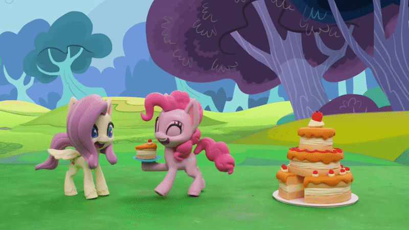 Size: 800x450 | Tagged: safe, derpibooru import, screencap, fluttershy, pinkie pie, earth pony, pegasus, pony, my little pony: pony life, my little pony: stop motion short, rainy day puddle play, animated, cake, desert, food, food on face, gif, knocked silly, mess, pre sneeze, sneezing, stop motion, whoops, wings