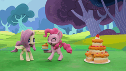 Size: 800x450 | Tagged: safe, derpibooru import, screencap, fluttershy, pinkie pie, earth pony, pegasus, pony, my little pony: pony life, my little pony: stop motion short, rainy day puddle play, animated, cake, desert, food, food on face, gif, knocked silly, mess, pre sneeze, sneezing, stop motion, whoops, wings