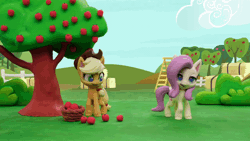 Size: 800x450 | Tagged: safe, derpibooru import, screencap, applejack, fluttershy, earth pony, pegasus, pony, my little pony: pony life, my little pony: stop motion short, rainy day puddle play, animated, apple, apple tree, applejack's hat, basket, cowboy hat, food, gif, hat, hay bale, ladder, pre sneeze, sneezing, stop motion, tree, whoops, wings