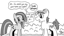 Size: 1200x675 | Tagged: safe, artist:pony-berserker, derpibooru import, marble pie, oc, oc:double whopper, earth pony, pony, duo, female, joke, male, mare, pony-berserker's twitter sketches, pun, speech bubble, stallion, stippling