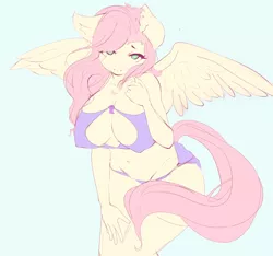 Size: 1620x1516 | Tagged: suggestive, artist:haokan, derpibooru import, fluttershy, anthro, bat pony, pegasus, absolute cleavage, adorasexy, ass, big breasts, blue background, bra, breasts, busty fluttershy, butt, cleavage, clothes, cute, erect nipples, female, flutterbat, huge breasts, lidded eyes, looking at you, mare, nipple outline, panties, purple underwear, race swap, sexy, shy, simple background, sketch, solo, solo female, spread wings, underwear, wings