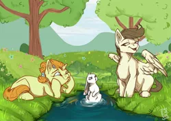 Size: 1280x900 | Tagged: safe, artist:wonderblue, derpibooru import, angel bunny, pound cake, pumpkin cake, pegasus, pony, unicorn, brother and sister, cake twins, cheek squish, colt, cute, ear fluff, female, filly, flower, flower in hair, male, older, older pound cake, older pumpkin cake, open mouth, river, siblings, squishy cheeks, stream, tree, twins