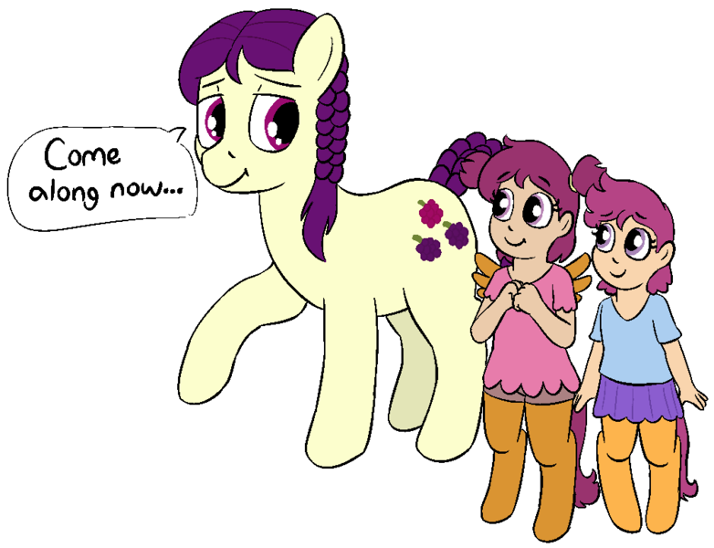 Size: 1007x773 | Tagged: safe, artist:heretichesh, derpibooru import, boysenberry, oc, oc:halfpipe, oc:wheelie, earth pony, pegasus, pony, satyr, babysitting, clothes, cutie mark, female, filly, offspring, older, older boysenberry, parent:scootaloo, shirt, simple background, skirt, white background