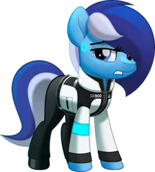Size: 5000x5558 | Tagged: safe, artist:jhayarr23, derpibooru import, oc, oc:brushie brusha, unofficial characters only, android, earth pony, pony, robot, robot pony, blue mane, clothes, cosplay, costume, detroit: become human, diode, female, jacket, looking at you, pants, rk900, shadow, shoes, simple background, solo, text, transparent background, vector