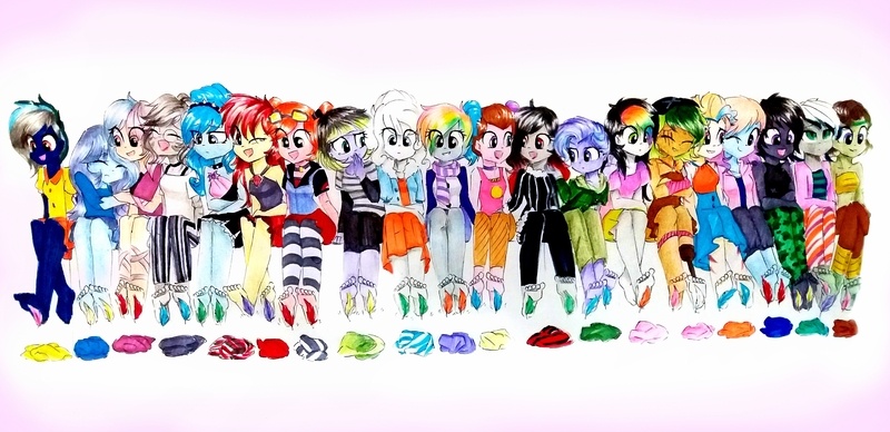 Size: 4128x2004 | Tagged: safe, alternate version, artist:liaaqila, derpibooru import, oc, oc:aerobic chromatic, oc:anarchy gear, oc:elizard draco, oc:feather flight (ice1517), oc:glitter ink, oc:gloomy harmony, oc:greyscale paige, oc:hallows eve, oc:merry mischief, oc:mischivevous spirit, oc:pastel activity, oc:ruby (ice1517), oc:sea strike, oc:seaweed shores, oc:shadow stalk, oc:snowflake shine, oc:spirit sparrow, oc:sunshine smiles (ice1517), oc:violetta pages, oc:winter wind (ice1517), unofficial characters only, demon, equestria girls, amputee, angel, bandage, bandana, barefoot, bomber jacket, bondage, bra, bra strap, camouflage, cardigan, choker, clothes, coat, commission, crop top bra, crying, discarded clothing, dress, equestria girls-ified, eye scar, eyes closed, feather, feet, female, fetish, foot fetish, glasses, goggles, headband, hoodie, hug, jacket, jeans, jewelry, laughing, leggings, looking at each other, markings, multicolored hair, nonbinary, one eye closed, open mouth, pants, peg leg, pigtails, pirate, prosthetic leg, prosthetic limb, prosthetics, rainbow hair, scar, scarf, shirt, skirt, socks, soles, spiked choker, striped socks, t-shirt, tanktop, tears of laughter, tickle fetish, tickle torture, tickling, traditional art, twintails, unamused, underwear, vest, wall of tags, wink, worried