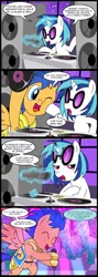 Size: 713x2000 | Tagged: artist:madmax, comic, comic:todos los ponis odian a flash, dance floor, derpibooru import, flash sentry, microphone, party, safe, shining armor, spanish, speakers, text, translation, translator:the-luna-fan, vinyl scratch