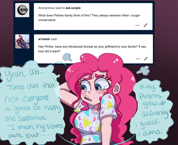 Size: 1280x1040 | Tagged: artist:ask-sunpie, artist:wimsie, ask, blouse, clothes, derpibooru import, dialogue, human, humanized, implied homophobia, implied sunsetpie, pants, pinkie pie, safe, scratching, tumblr:ask sunpie