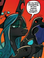 Size: 800x1059 | Tagged: artist:andypriceart, caption, changeling, comic panel, derpibooru import, edit, fiendship is magic, idw, image macro, implied sex, lidded eyes, official art, official comic, possible incest, queen chrysalis, seductive look, stupid sexy chrysalis, suggestive, text