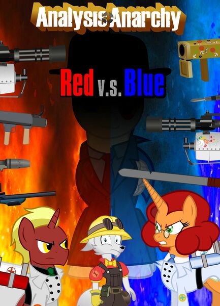 Size: 1024x1418 | Tagged: safe, artist:jasperpie, derpibooru import, oc, oc:dr. wolf, oc:firebrand, oc:keyframe, anthro, pony, unicorn, wolf, analysis anarchy, male, movie poster, photo, red vs blue, team fortress 2, tf2 analysis anarchy