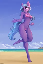 Size: 2000x3000 | Tagged: suggestive, artist:skitsniga, derpibooru import, oc, oc:eleane tih, unofficial characters only, anthro, plantigrade anthro, unicorn, anthro oc, armpits, barefoot, bikini, breasts, butt, clothes, feet, female, high res, mare, nail polish, open mouth, simple background, solo, solo female, string bikini, swimsuit, toenail polish