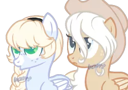 Size: 793x562 | Tagged: safe, artist:skulifuck, derpibooru import, oc, oc:snow storm, oc:sugar salt, unofficial characters only, pegasus, pony, base used, braid, duo, female, freckles, hat, looking up, mare, pegasus oc, simple background, transparent background, wings